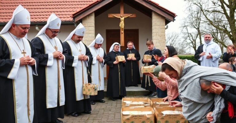 Grupa tradycyjnych kapłanów i kleryków rozdaje paczki żywnościowe ubogim w Rzeszowie, podkreślając potrzebę duchowej pomocy