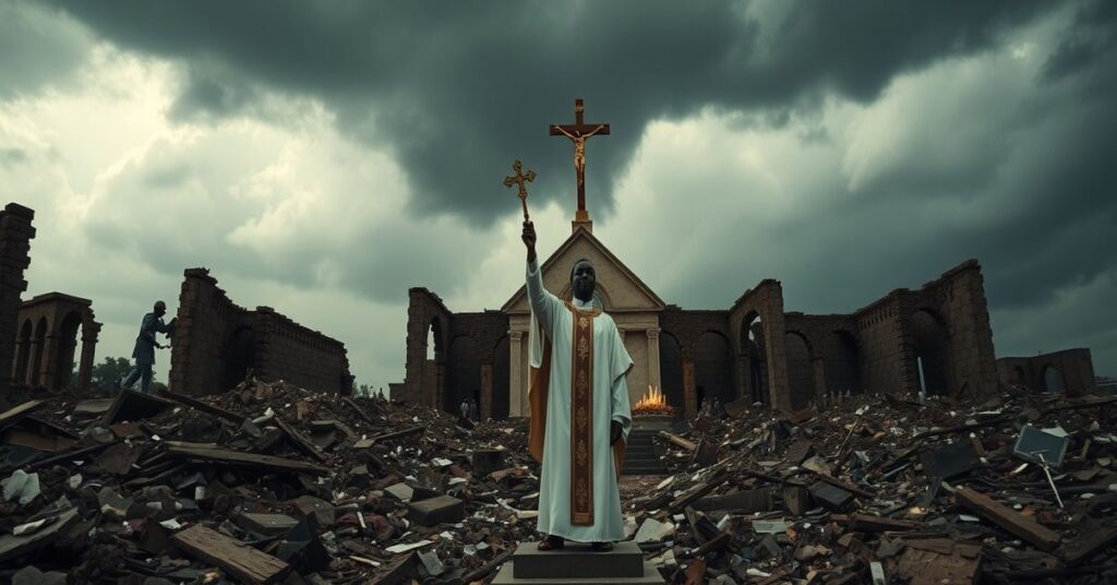 Obraz przedstawiający zniszczenie kościoła katolickiego w Nigerii po masakrze w Niedzielę Palmową z księdzem w tradycyjnych ornatach stojącym wśród ruin trzymającym krucyfiks.