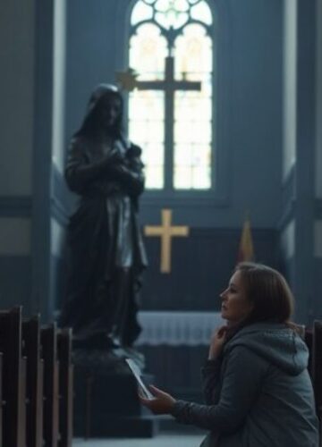 Rzeźba "Life" w parafii All Saints - symbol pustki sakramentalnej Rzeźba "Life" w parafii All Saints w Haverhill przedstawiająca Maryję z Jezusem w łonie. W tle widoczna jest Faith Hakesley modląca się przed posągiem w pustym kościele.