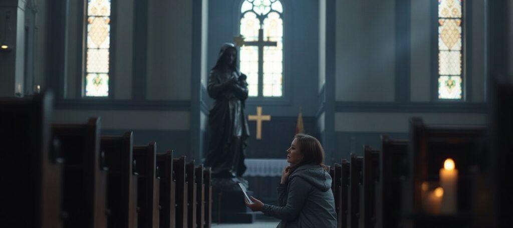Rzeźba "Life" w parafii All Saints w Haverhill przedstawiająca Maryję z Jezusem w łonie. W tle widoczna jest Faith Hakesley modląca się przed posągiem w pustym kościele.