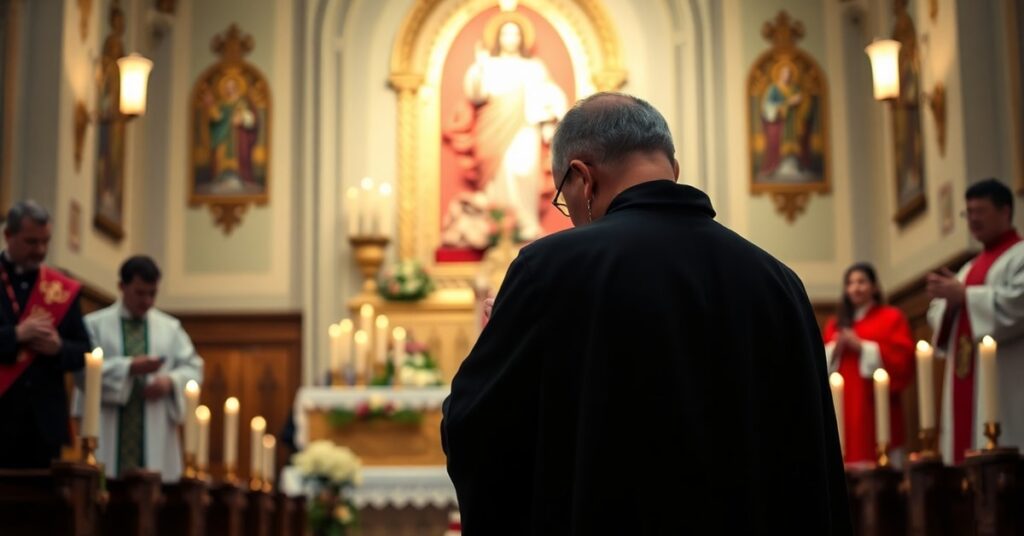 Wnętrze tradycyjnego kościoła katolickiego z rzeźbą Najświętszego Serca Jezusowego otoczoną świecami i kwiatami. Na pierwszym planie modlący się sedevacantista w kaszycie, w tle zlekceważeni modernistyczni duchowni.