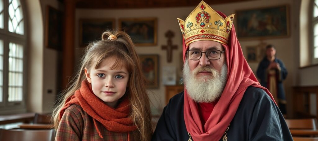 Portret s. Zoji Dombrowskiej przed krzyżem w tradycyjnym kościele katolickim