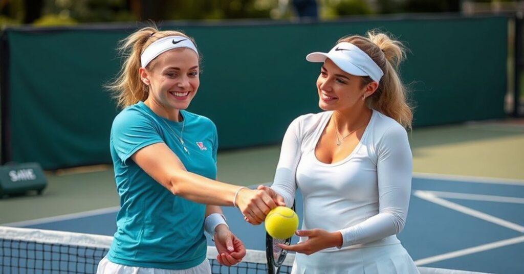 Aryna Sabalenka i Serena Williams na tenisowym korcie z tłem kościoła katolickiego, symbolizując prawdziwy porządek stworzenia