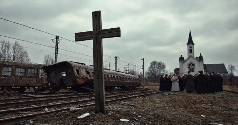 Zniszczone tory kolejowe i przewrócony pociąg na tle szarego nieba, z grupą modlących się katolików i zniszczonym krzyżem w tle.