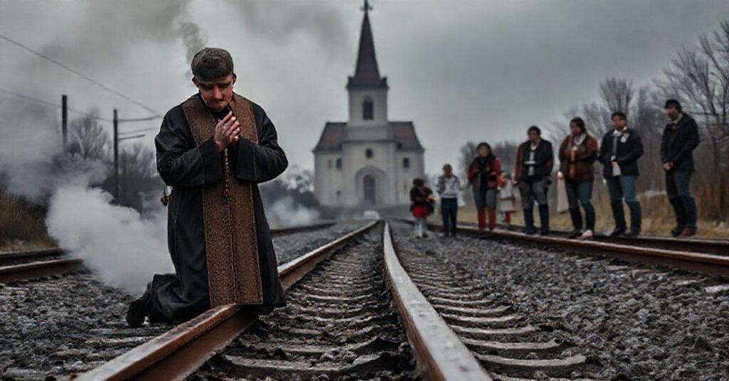 Scena zniszczeń na trasie kolejowej w Polsce z dymem unoszącym się nad torami. Na pierwszym planie modlący się ksiądz w stroju liturgicznym trzymający różaniec, tłem kościół i obywatele.