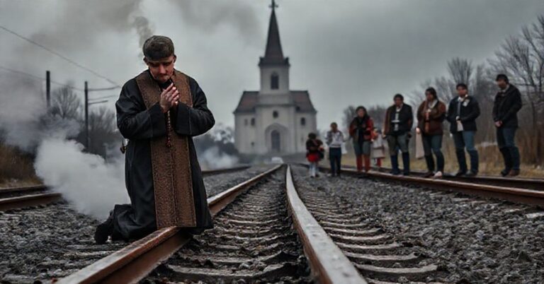 Scena zniszczeń na trasie kolejowej w Polsce z dymem unoszącym się nad torami. Na pierwszym planie modlący się ksiądz w stroju liturgicznym trzymający różaniec, tłem kościół i obywatele.