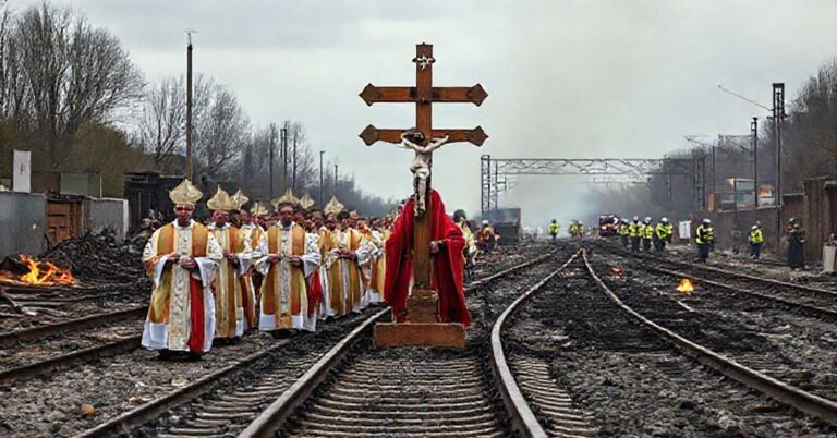 Procesja katolicka z krzyżem przed zniszczonymi torami kolejowymi z powodu sabotażu