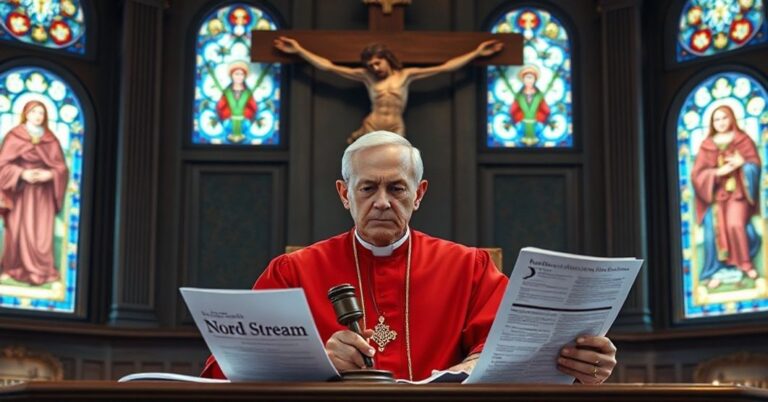 Sądowy sali z sędzią w tradycyjnych szkarłatnych szatach, trzymającym młotek sądowy przed dokumentami z napisami 'Nord Stream' i 'Ukraińscy sabotażyści', z wielkim krzyżem w tle