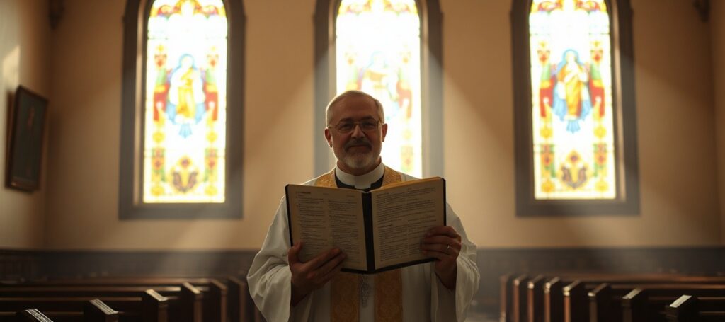 Tradycyjny kapłan sedevacantysta w kościele, trzymający Biblię z wersetem Jana 15:26-16:4a na tle zniekształconego modernizmu.