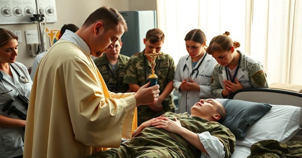 Ksiądz udzielający sakramentu namaszczenia chorych rannemu żołnierzowi ukraińskiemu w szpitalu polowym, otoczony przez młodych lekarzy i pielęgniarki.