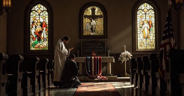 Wnętrze tradycyjnego kościoła katolickiego z księdzem udzielającym absolucji pokutującemu grzesznikowi