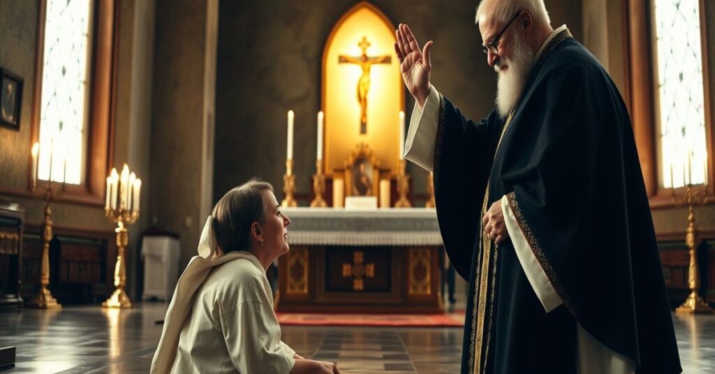 Kneeling penitent woman in a traditional Catholic church seeking absolution from a sedevacantist priest.
