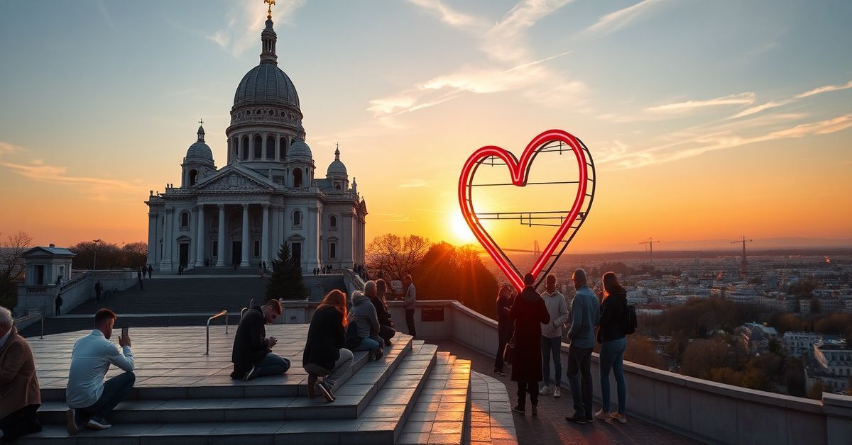 Bazylika Sacré-Cœur w Paryżu z widokiem na miasto w czasie zachodu słońca; pilgrzymi modlący się na stopniach i turyści robiący selfie przy neonowym sercu.