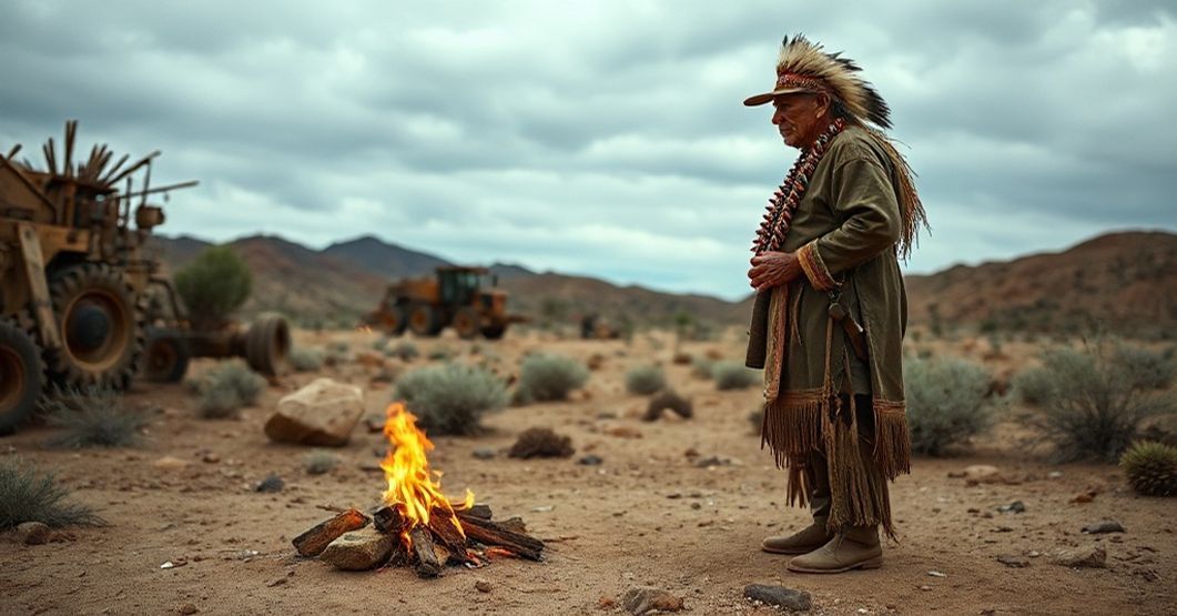 Święte miejsce Apache w Oak Flat zagrożone zniszczeniem Stary Apache w tradycyjnych ubraniach opiekuje się świętym miejscem Oak Flat w Arizonie podczas ceremonii religijnej, podczas gdy w tle widoczne są maszyny górnicze. Scena przekazuje kontrast między wiarą a zniszczeniem.