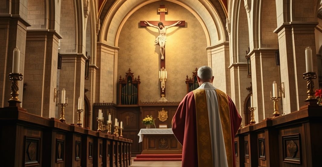 Reverent Catholic priest modli się przed krucyfiksem w tradycyjnej świątyni, symbolizując duchowe odrodzenie i krytykę materialistycznego podejścia do zdrowia dzieci