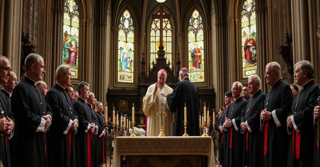 Scena w tradycyjnej katedrze katolickiej przedstawiająca fałszywą "sakrę" "abpa" Andrzeja Jóźowicza jako "nuncjusza apostolskiego" przez niekanoniczną hierarchię.