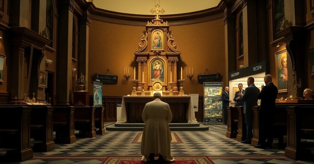 Wnętrze tradycyjnego kościoła z ołtarzem i modlącym się księdzem w pierwszej planie. W tle grupa wystawców Sacroexpo sprzedaje komercyjne przedmioty religijne.