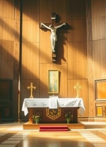 Fotografia sakralnego wnętrza kościoła dla bloga katolickiego Zdjęcie realistycznej, sakralnej sceny w tradycyjnym kościele katolickim z ołtarzem i krucyfiksem, oddające powagę i wierność wierze