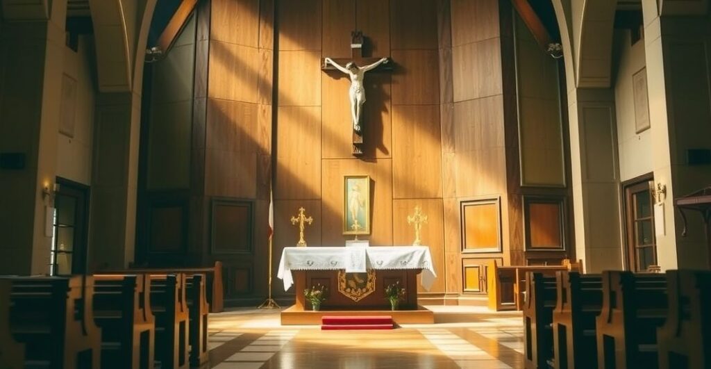 Zdjęcie realistycznej, sakralnej sceny w tradycyjnym kościele katolickim z ołtarzem i krucyfiksem, oddające powagę i wierność wierze