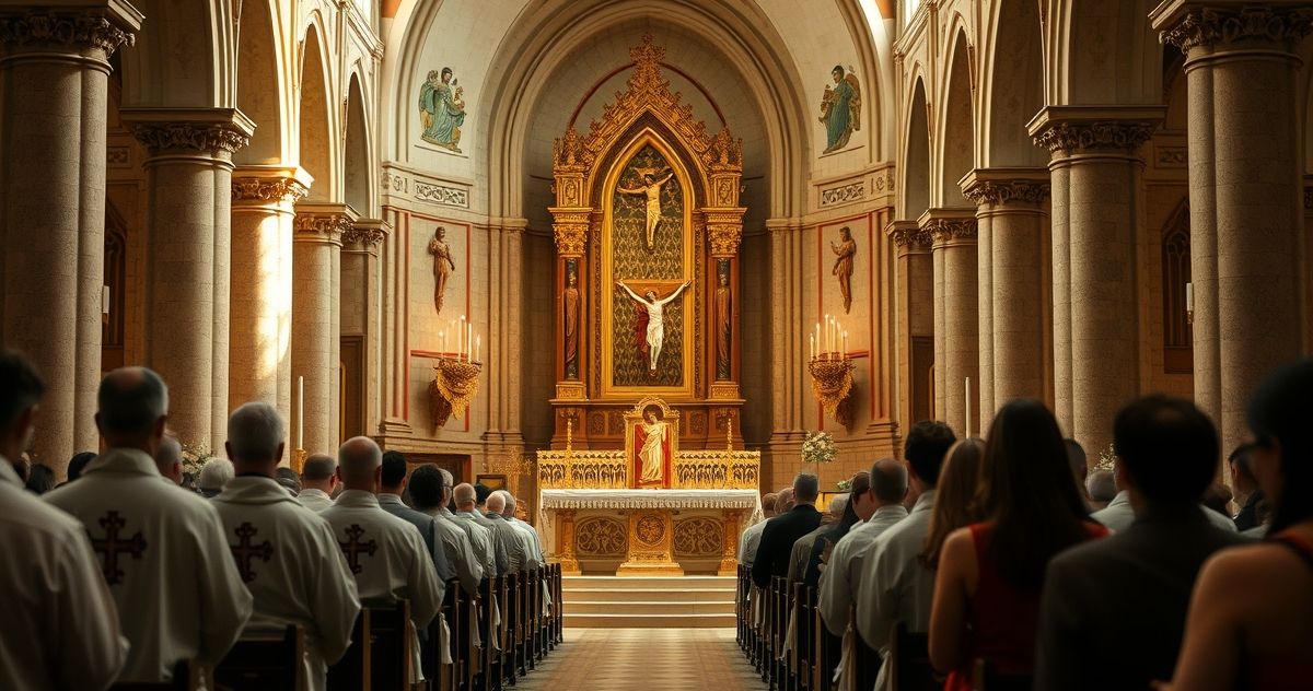 Realistyczne sacrum w kościele katolickim podczas Mszy, kapłani w ornatach, ołtarz z krucyfiksem, wierni w modlitwie, podkreślające pobożność i sakramentalną tajemnicę Eucharystii, z delikatnym naturalnym oświetleniem.
