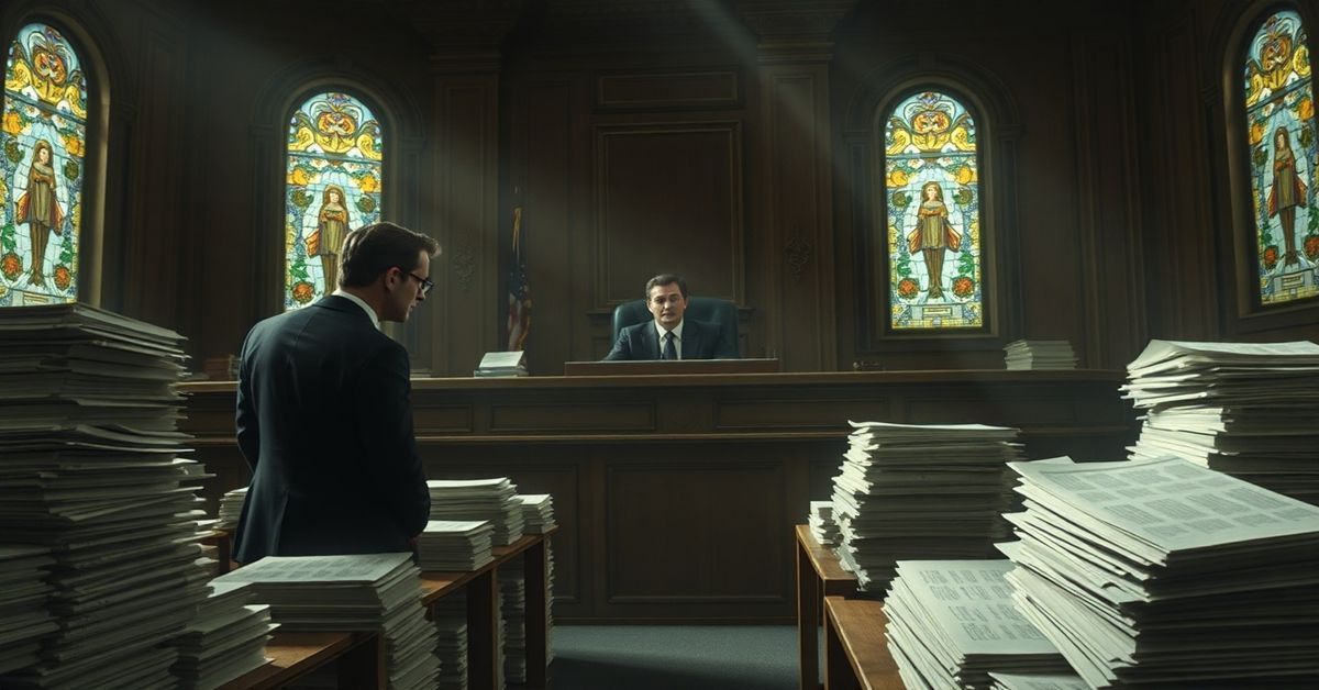 Scena sądowa z Vincentem Ambrosettim i Bernadette Farrell przed sędzią w świeckiej sali sądowej, otoczeni stosami nut. Atmosphera jest przyciemniona, a witraże rzucają słabe promienie światła, symbolizując zanikający duchowy esencję nowej sekty. Zdjęcie odzwierciedla legalną walkę o hymn 'Emmanuel' i 'Christ Be Our Light', uchwycając napięcie między własnością ludzką a boską inspiracją.