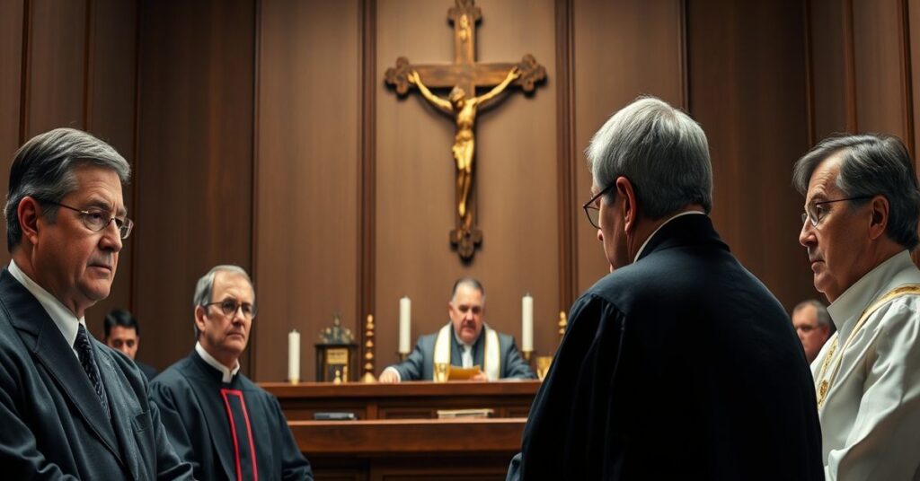 Sala sądowa w tradycyjnym katolickim stylu z sędzią i przedstawicielami Meta w tym Markiem Zuckerbergiem. Symbolika Bożego sądu nad światowymi władzami.
