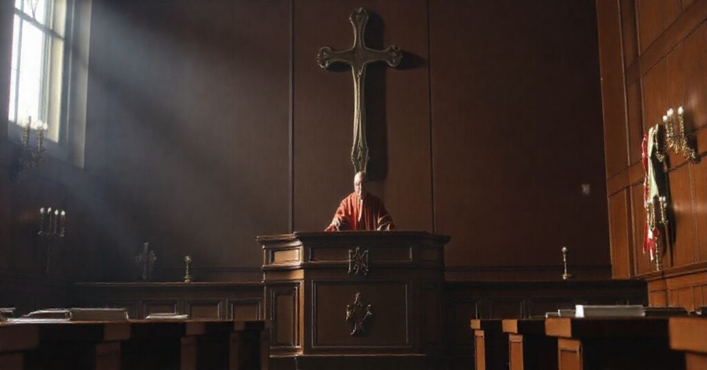Sąd rozpatrujący sprawę z powagą, symbolizujący konflikt między prawem naturalnym a nowoczesnymi wyrokami, z elementami religijnymi i katolickimi symbolami w tle