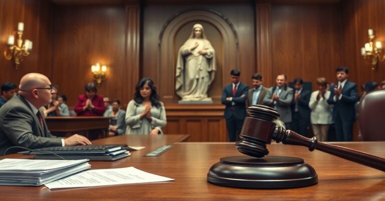 Scena w sali sądowej w Michigan z młotkiem sędziego na stole otoczonym dokumentami. W tle rodzina modli się przed statuą Najświętszego Serca Jezusa, obok stają katolickie terapeuty i aktywisci. Zdjęcie ilustruje duchową walkę z ideologią genderową pod kątem katolickim.