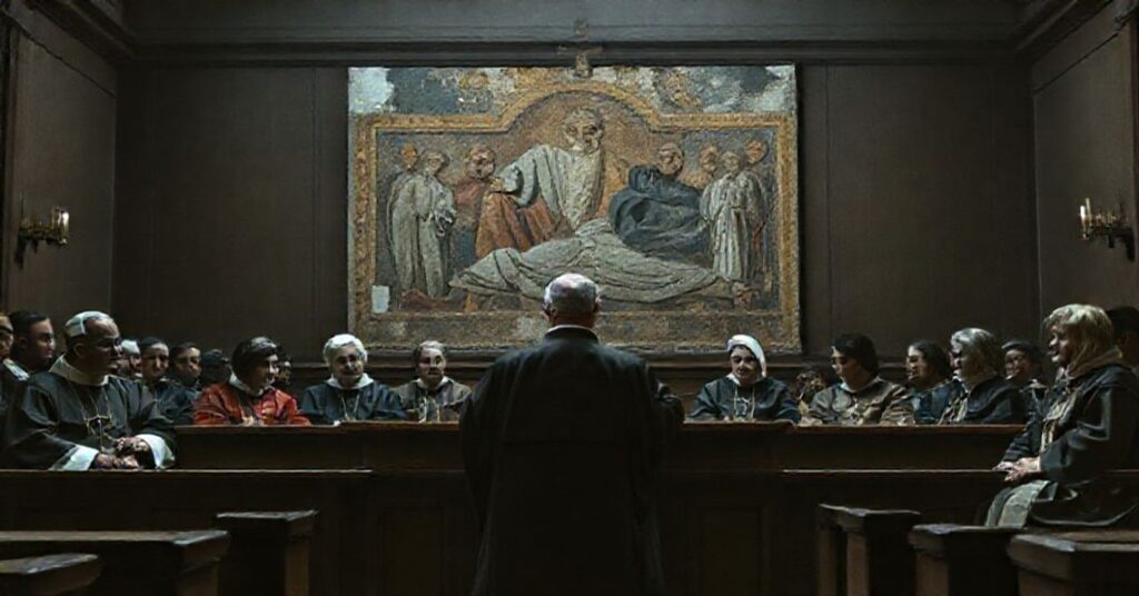 Scena sądowa w tradycyjnym kościele katolickim z panelem sędziów składającym się z duchownych i świeckich kobiet.