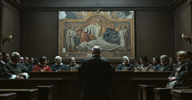 Scena sądowa w tradycyjnym kościele katolickim z panelem sędziów składającym się z duchownych i świeckich kobiet.