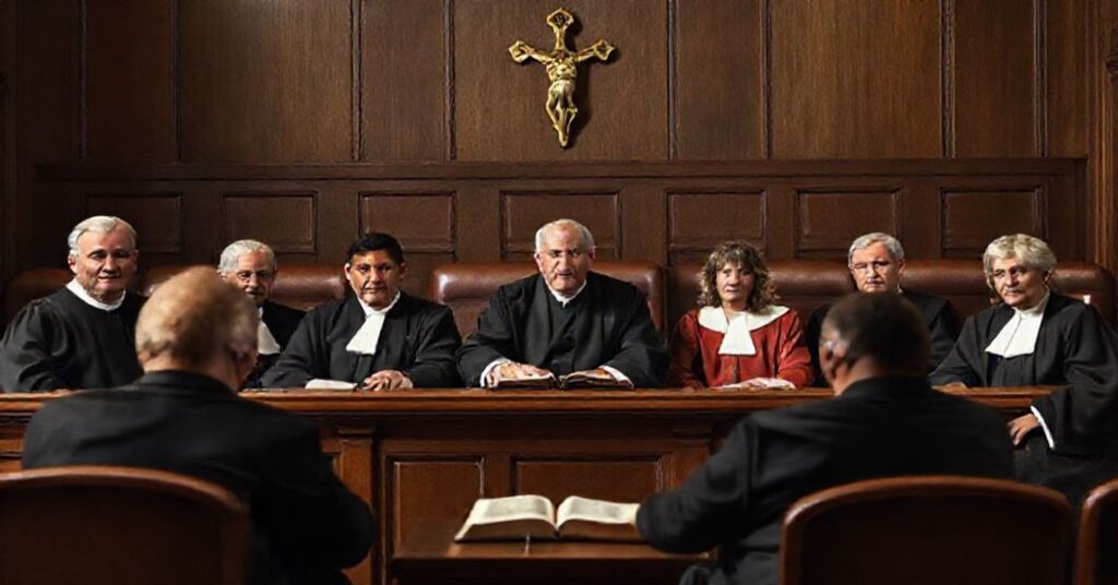 Zdjęcie przedstawiające sędziów Sądu Najwyższego USA w momencie podtrzymania prawdy biologicznej w dokumentach paszportowych.