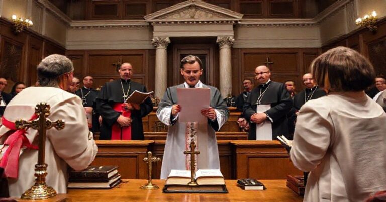 Uroczysty widok sali sądowej w Sądzie Najwyższym USA podczas rozprawy w sprawie First Choice Women's Resource Centers przeciwko Matthew Platkinie. Katolickie urzędnicy w tradycyjnych szatach kościelnych stają twarde przeciwko prokuratorowi