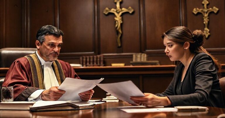 Scena sądowa przedstawiająca starania o zniesienie zakazu terapii konwersyjnej w USA z katolickiego punktu widzenia. Młody człowiek szuka wsparcia od terapeuty przy sądzie.