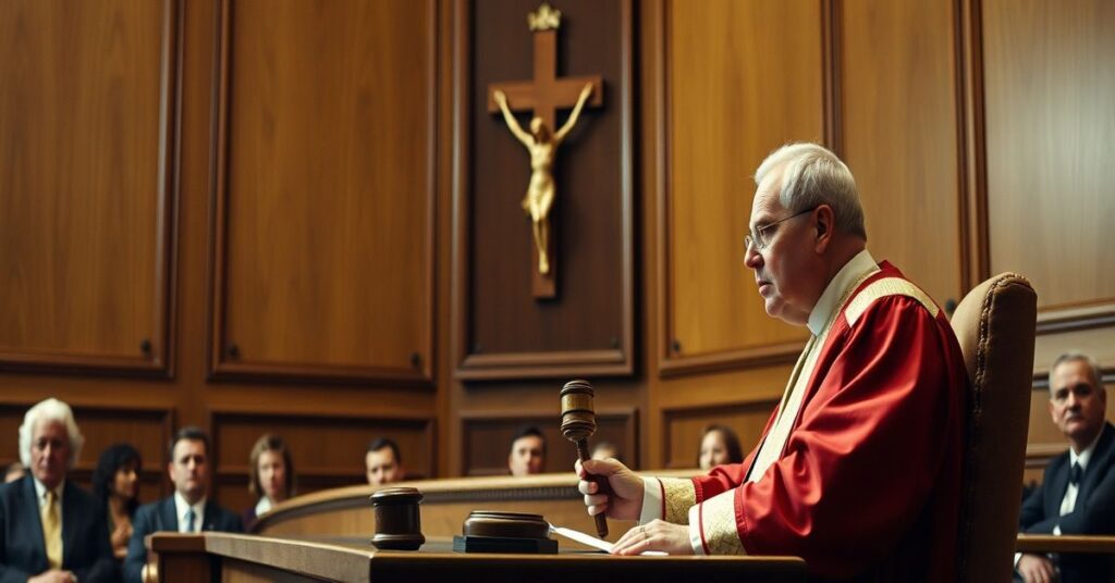 Sedzowie w tradycyjnych togach sądowych w sali sądowej z krzyżem na tle, symbolizujący upadek prawdy i sprawiedliwości