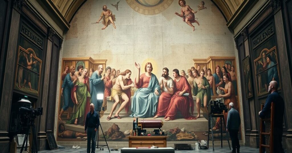 Solemne przedstawienie fresku "Sądu Ostatecznego" w Kaplicy Sykstyńskiej podczas prac konserwatorskich, pokazujące jego zdewastowany stan i komercjalizację.