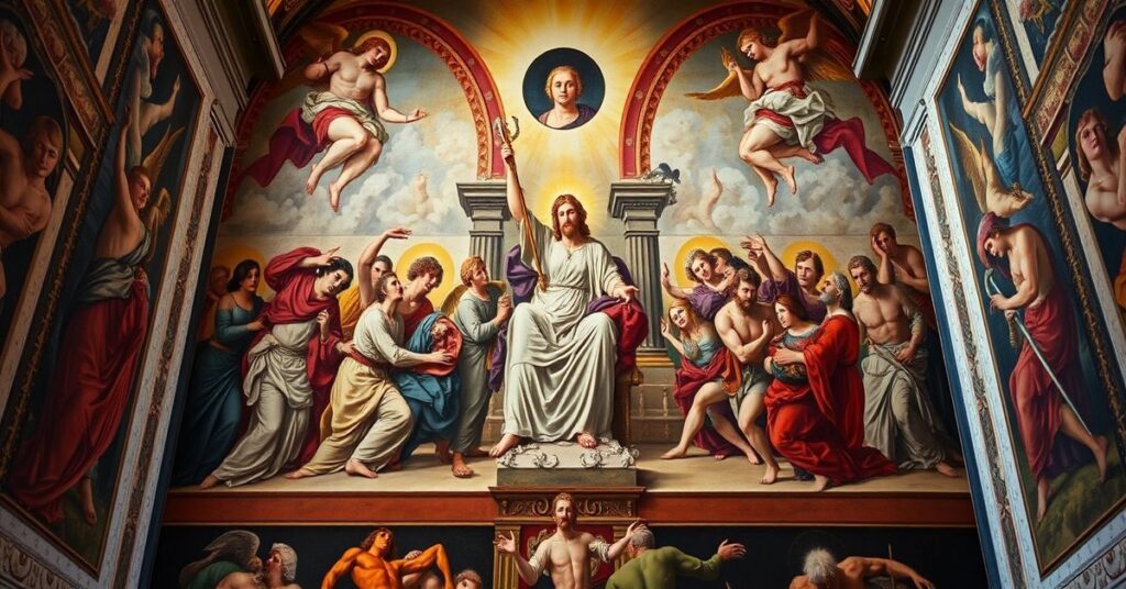Oryginalny fresk Michelangela Sąd Ostateczny w Kaplicy Sykstyńskiej po konserwacji