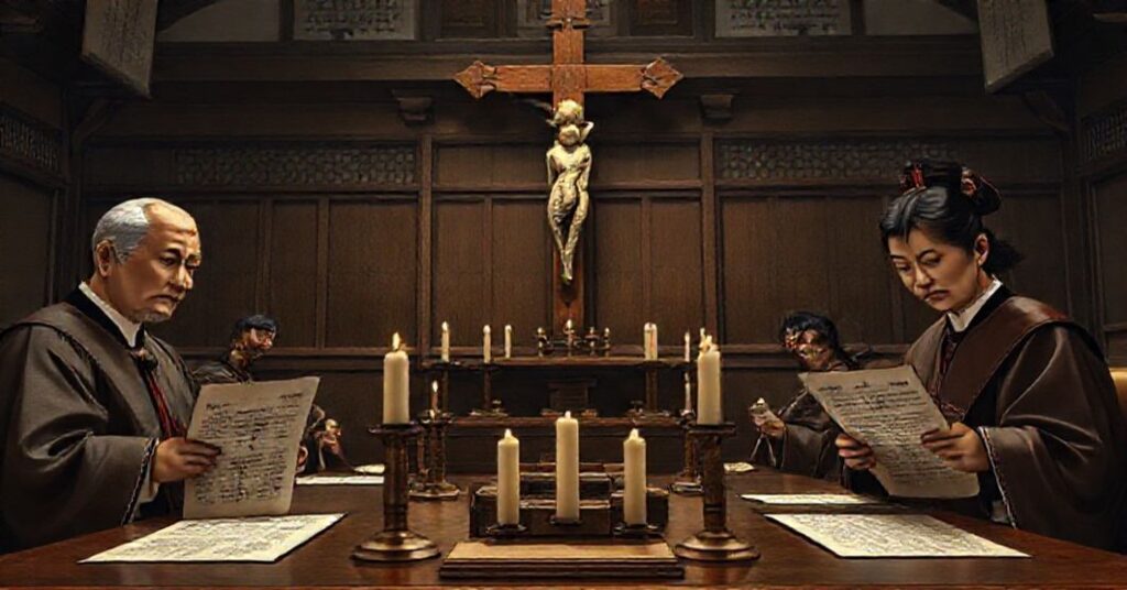 Scena sądowa w tradycyjnym japońskim sądzie z Li Kotomi (Huang Chen-Yang) składającym wniosek przeciwko Reduxx za stosowanie prawdy biologicznej