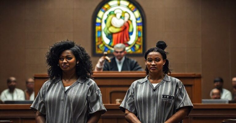 Sądowa sala z sędzią Sidneyem Fitzwaterem wydającym wyrok o separacji biologicznych mężczyzn identyfikujących się jako kobiety od kobiet w więzieniu w Teksasie. W tle witraż z Trójcą Świętą.