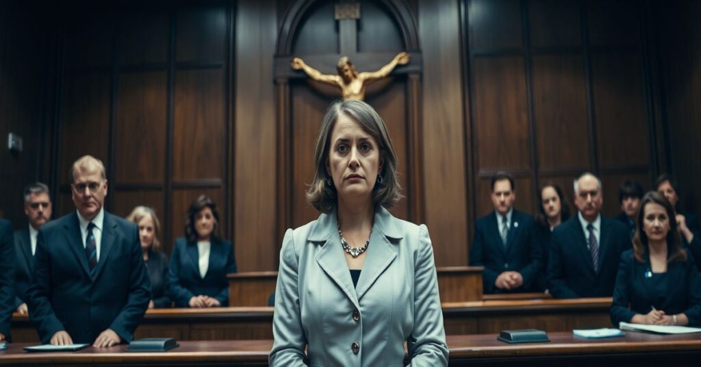 Sądowa sala z Urszulą D., dyrektorką Departamentu Funduszu Sprawiedliwości, stojącą przed sędzią. Na tle wiszący duży krucyfiks rzuca cień na proces. W sali obecni są adwokaci i widownia o poważnych twarzach. Scena ukazuje konflikt między prawem świeckim a sprawiedliwością Bożą.