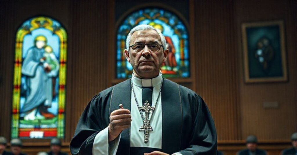 Ksiądz w tradycyjnych szatach kościelnych stoi przed sądem w Tokio, trzymając krzyż i przemawiając do sędziów.