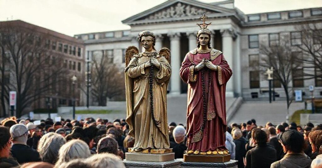 Rzezwistany widok tradycyjnych rzeźb świętego Michała Archanioła i świętego Floriana przed budynkiem publicznej bezpieczeństwa w Quincy, Massachusetts. Scena przedstawia katolików modlących się różańcem w obliczu sekularyzacji.