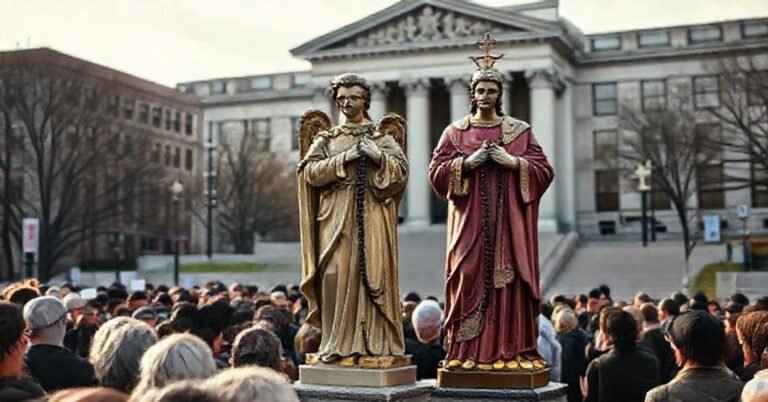 Rzezwistany widok tradycyjnych rzeźb świętego Michała Archanioła i świętego Floriana przed budynkiem publicznej bezpieczeństwa w Quincy, Massachusetts. Scena przedstawia katolików modlących się różańcem w obliczu sekularyzacji.