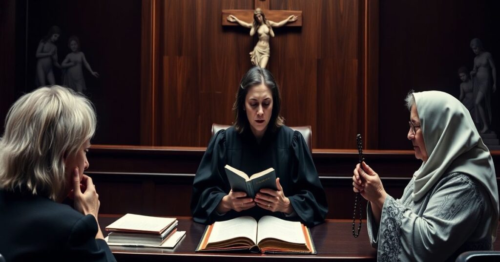 Sędzia Christina Klineman stoi w sądzie w Indiana z dokumentami i Biblią. Katolicka kobieta z różańcem protestuje przeciwko wyrokowi o 'religijnym prawie' do aborcji. Na tle krzyż i cienie dzieci nie narodzonych.