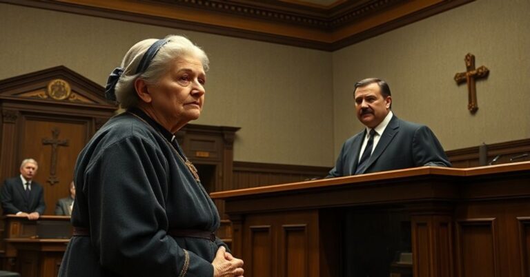 Starcza kobieta w sądzie obok smugowskiego mężczyzny w stroju sędziowskim