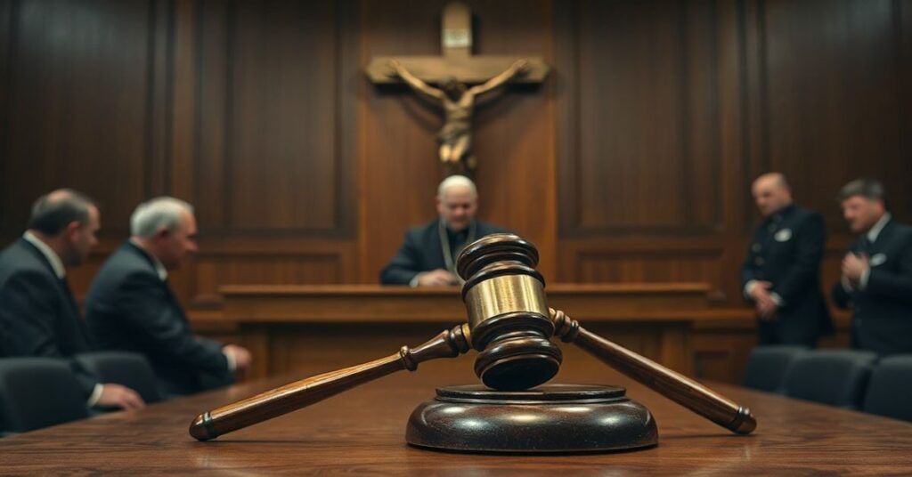 Wydajny widok sali sądowej podczas apelacji "ks. Piotra Glasa" w 2025 roku. Scena odzwierciedla poważność zarzutów i braku sprawiedliwości w Kościele posoborowym.