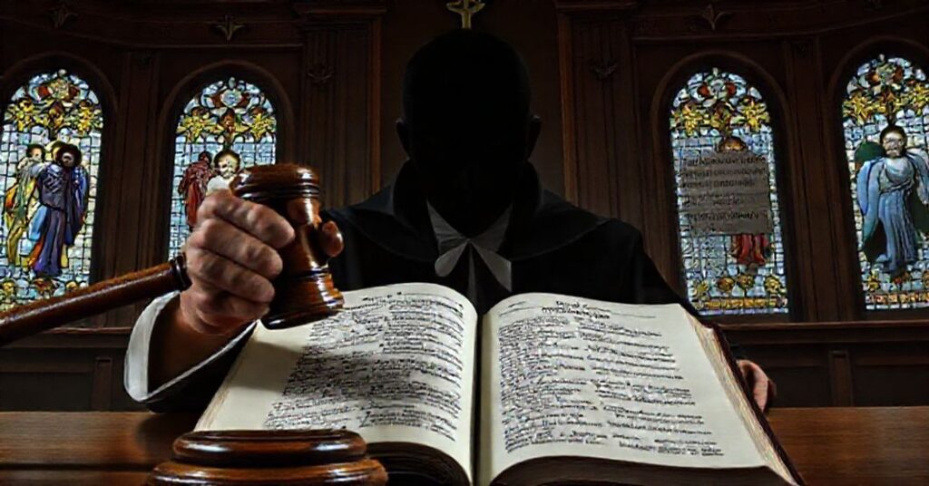 Sądowy gawel uderza w Biblię przy otwartych Dziesięciu Przykazaniach z cieniącą się postacią wykorzenienia dziecięcym w tle