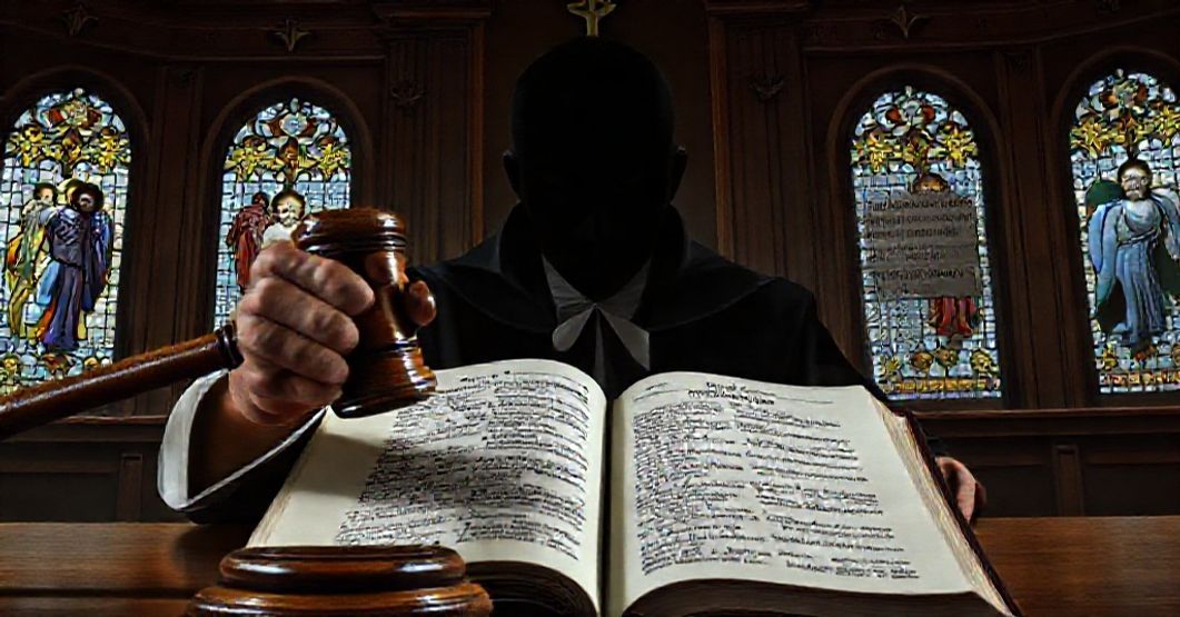 Sądowy gawel uderza w Biblię przy otwartych Dziesięciu Przykazaniach z cieniącą się postacią wykorzenienia dziecięcym w tle