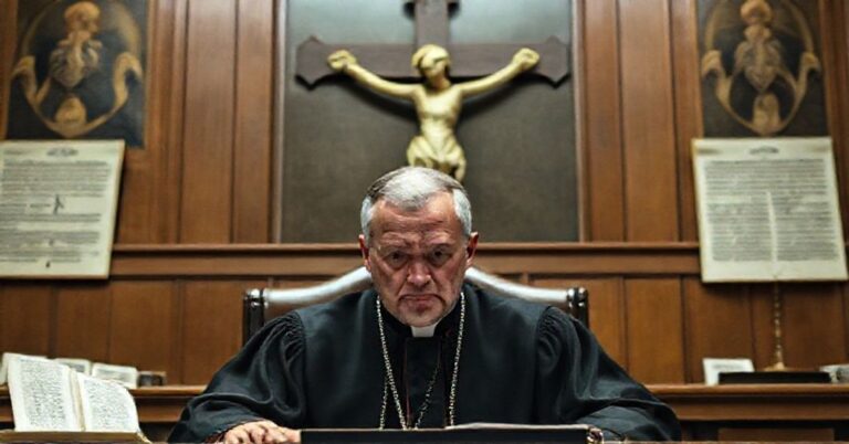 Sądownik Justyn Piskorski w tradycyjnym sali sądowej z ikonografią religijną wydaje wyrok, symbolizujący konflikt między prawem boskim a ludzkim systemem prawnym.