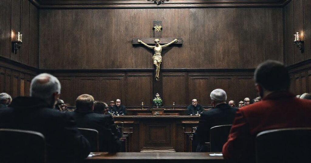 Scena sądowa z tradycyjnymi elementami katolickimi przedstawiająca ponowne otwarcie sprawy o zabójstwo dziennikarza Jarosława Ziiętary. Sędziowie i adwokaci są w poważnej rozmowie z krzyżem w tle.