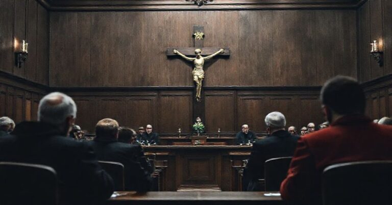 Scena sądowa z tradycyjnymi elementami katolickimi przedstawiająca ponowne otwarcie sprawy o zabójstwo dziennikarza Jarosława Ziiętary. Sędziowie i adwokaci są w poważnej rozmowie z krzyżem w tle.